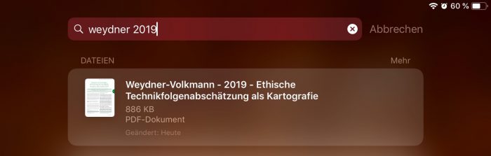 Entering a text like "weydner 2019" will find corresponding PDFs in the complicated Zotero folder structure on iCloud – even when added under Zotero as Weydner-Volkmann